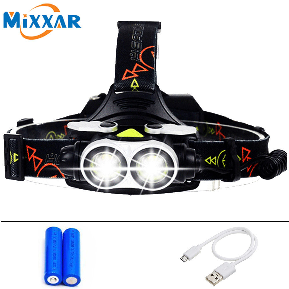LED Headlamp 2 T6 with SOS Whistle USB Charge Cable