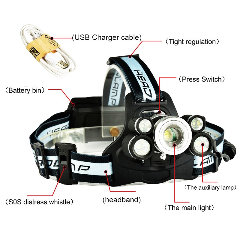 LED Headlamp 5 Chip T6 /Q5 Lantern 18650 Battery