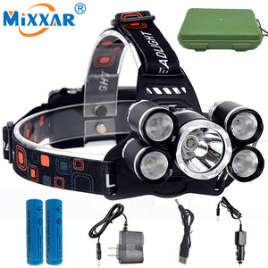 Headlamp 5 T6 LED Torch Headlight with 18650 Battery AC Car Charger