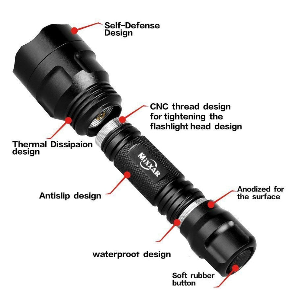 C8 Ultra-Bright Tactical Flashlight Water-Resistant LED Torch With 5 Light Modes For Camping Security Emergency Use