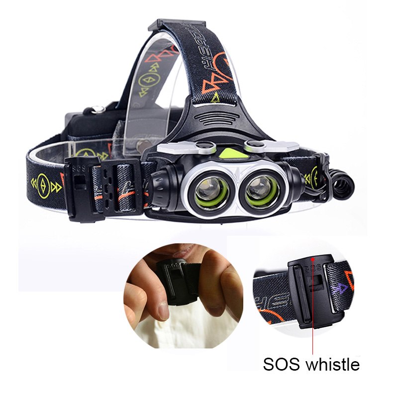 LED Headlamp 2 T6 with SOS Whistle USB Charge Cable